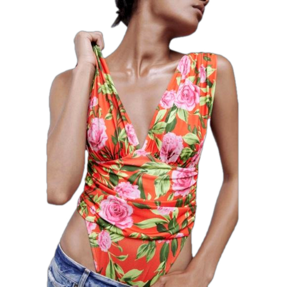 Zara Floral Print Draped Bodysuit NWT